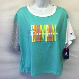Champion Cropped Top Tee Blue Whit Grey Colorblock SS Popover Tee NWT Large